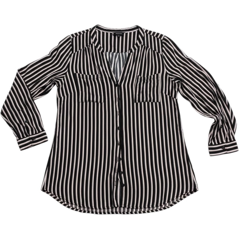 Torrid Womens Plus Size 4 Black Beige Striped Button Down V-Neck Blouse Top